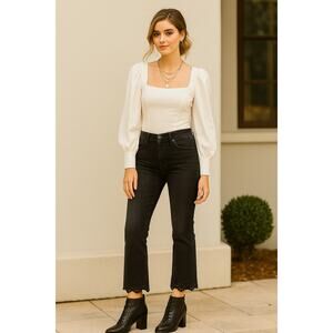 FRAME DENIM Eyelet-Hem Flared Crop Jeans in Lacey Size 25 Faded Black